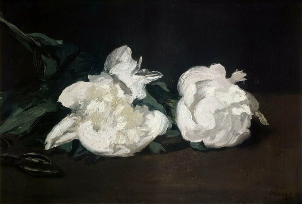 White peonies and scissors. Edouard Manet (French Édouard Manet, 1832, Paris - 1883, Paris), French painter, engraver, one of the founders of impressionism. 