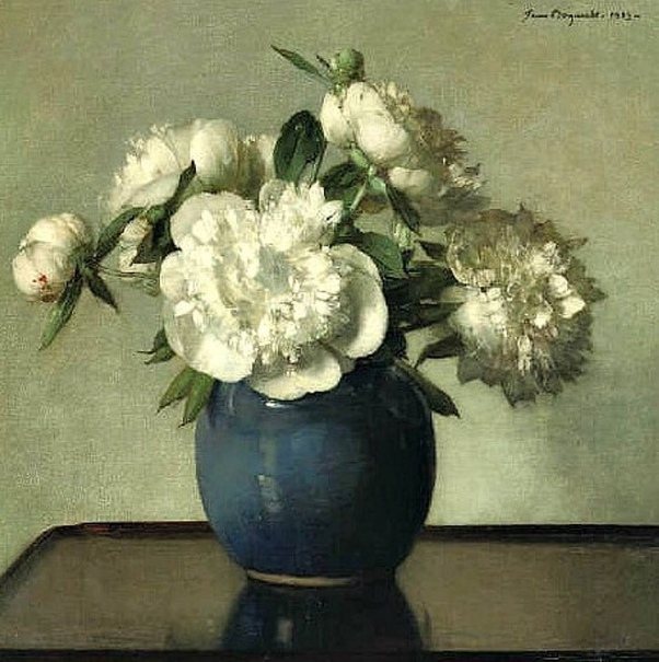 White peonies in a blue faience vase, 1929. Oil on canvas, private collection. Jan Bogaerts (1878, &#39;s-Hertogenbosch - 1962, Wassenaar), Dutch artist 