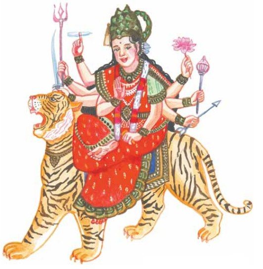 Индийская богиня Кали верхом на священном тигре