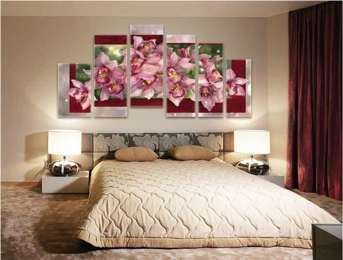Paintings for the bedroom: modular with peonies, which one to hang, photos of a stylish interior, catalogs with flowers, panels with peonies