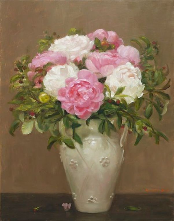 Still life with peonies and raspberries. Yuichi Ono, contemporary Japanese artist 