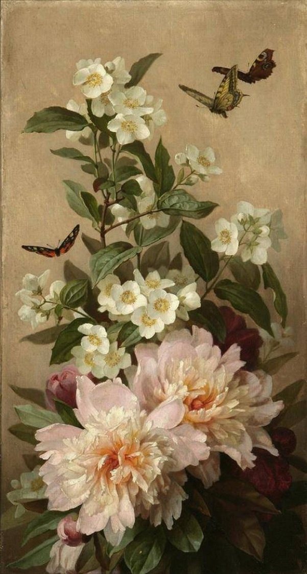 Still life with peonies, jasmine and butterflies. Paul de Longpré (1855-1911), French artist 