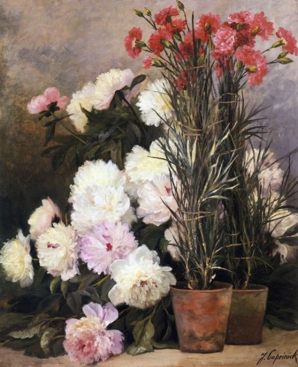 Peonies and red carnations. Jean Capeinick (1838-1890), Belgian artist 