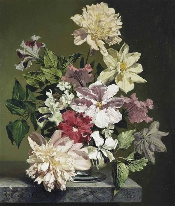 Symphony in pink and white: clematis, peonies and other flowers. Bennett Oates (1928-2009), English still life painter 