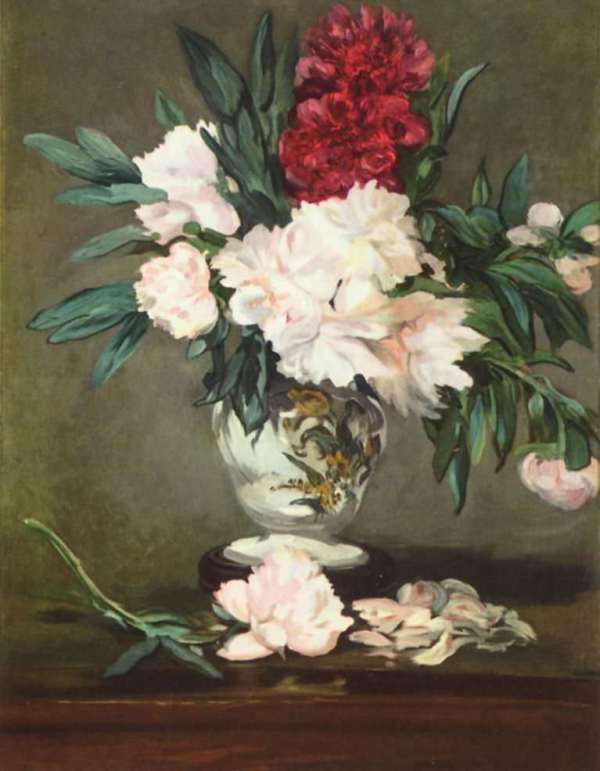 Vase with peonies on a pedestal, 1864. Canvas, oil. 93.3 x 70 cm Edouard Manet (French Édouard Manet; 1832-1883, Paris), French painter, engraver, one of the founders of impressionism. 
