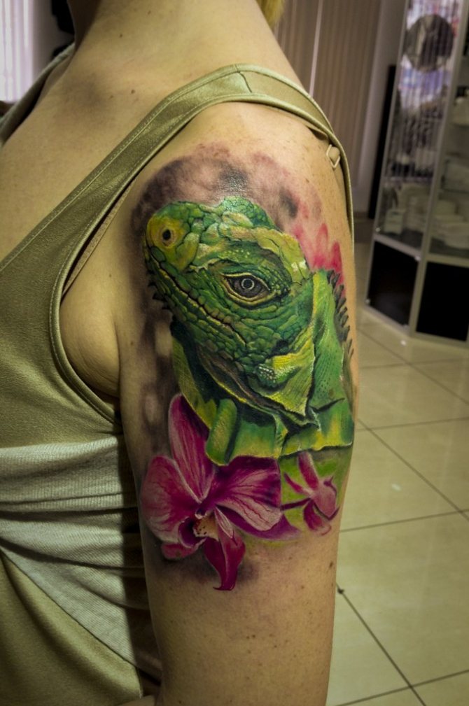 Lizard tattoo on the left shoulder - an assistant in money matters